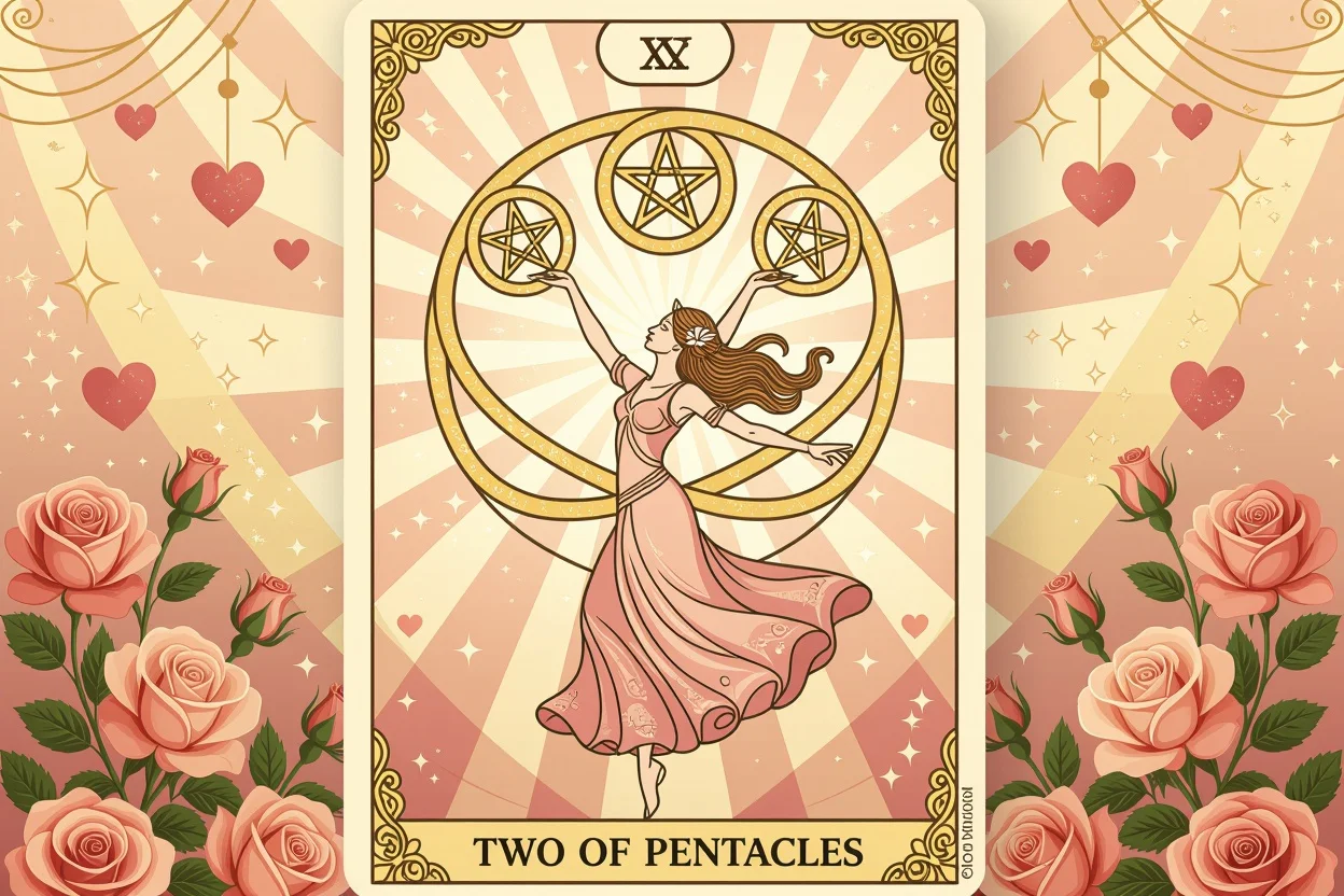 ペンタクルの2のタロットカードと恋愛関係のバランスを象徴する美しいイラスト