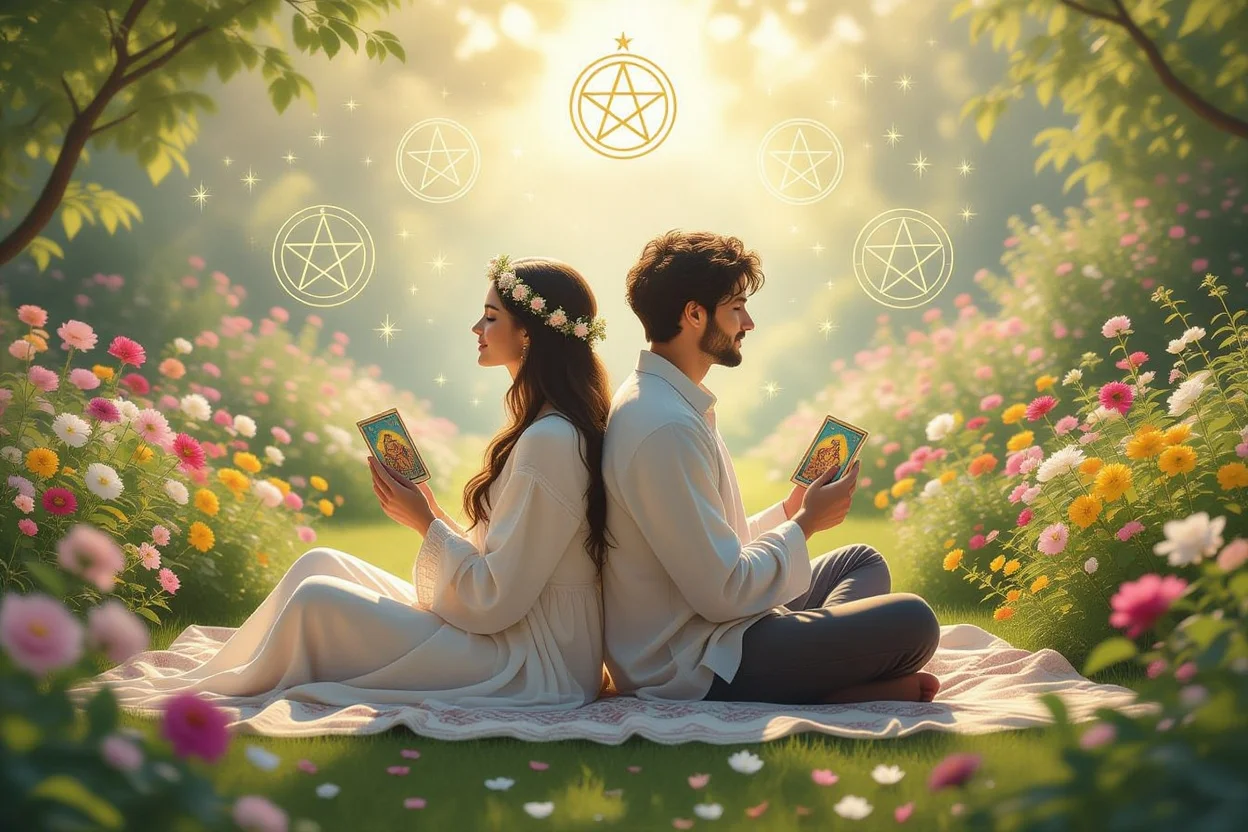 カップルが自己成長と関係性を深めるためのタロット瞑想をしている幻想的なシーン