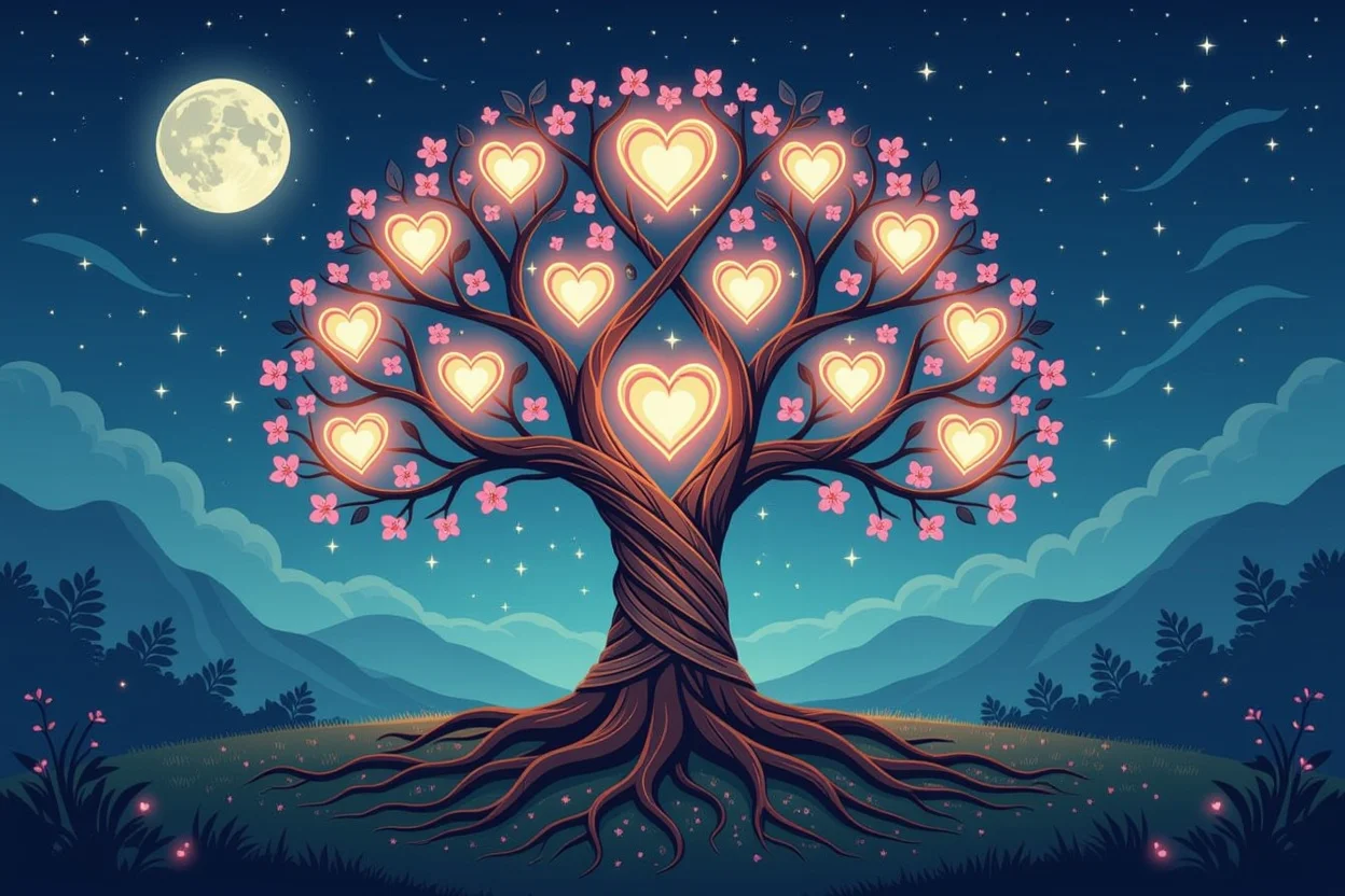 続く愛の基盤を表すタロットカードの根と光る心を持つ神秘的な愛の木