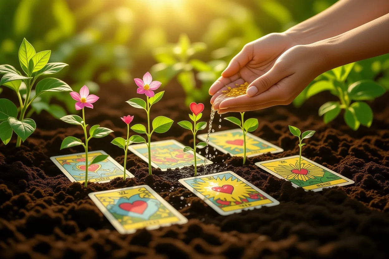 タロットカードから愛の花が咲く神秘的な庭園と育む手