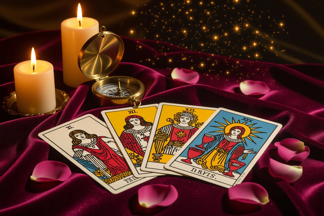 恋愛タロットカードと羅針盤で運命を導く神秘的なシーン