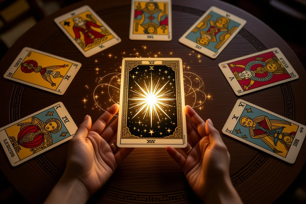 ワンドの7のカードを中心とした恋愛タロットの神秘的な配置