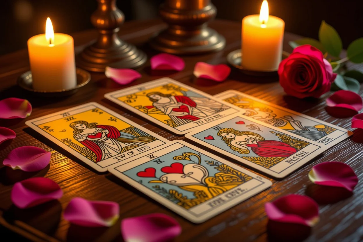 恋愛タロットカードスプレッドとキャンドルライトの神秘的な占いシーン