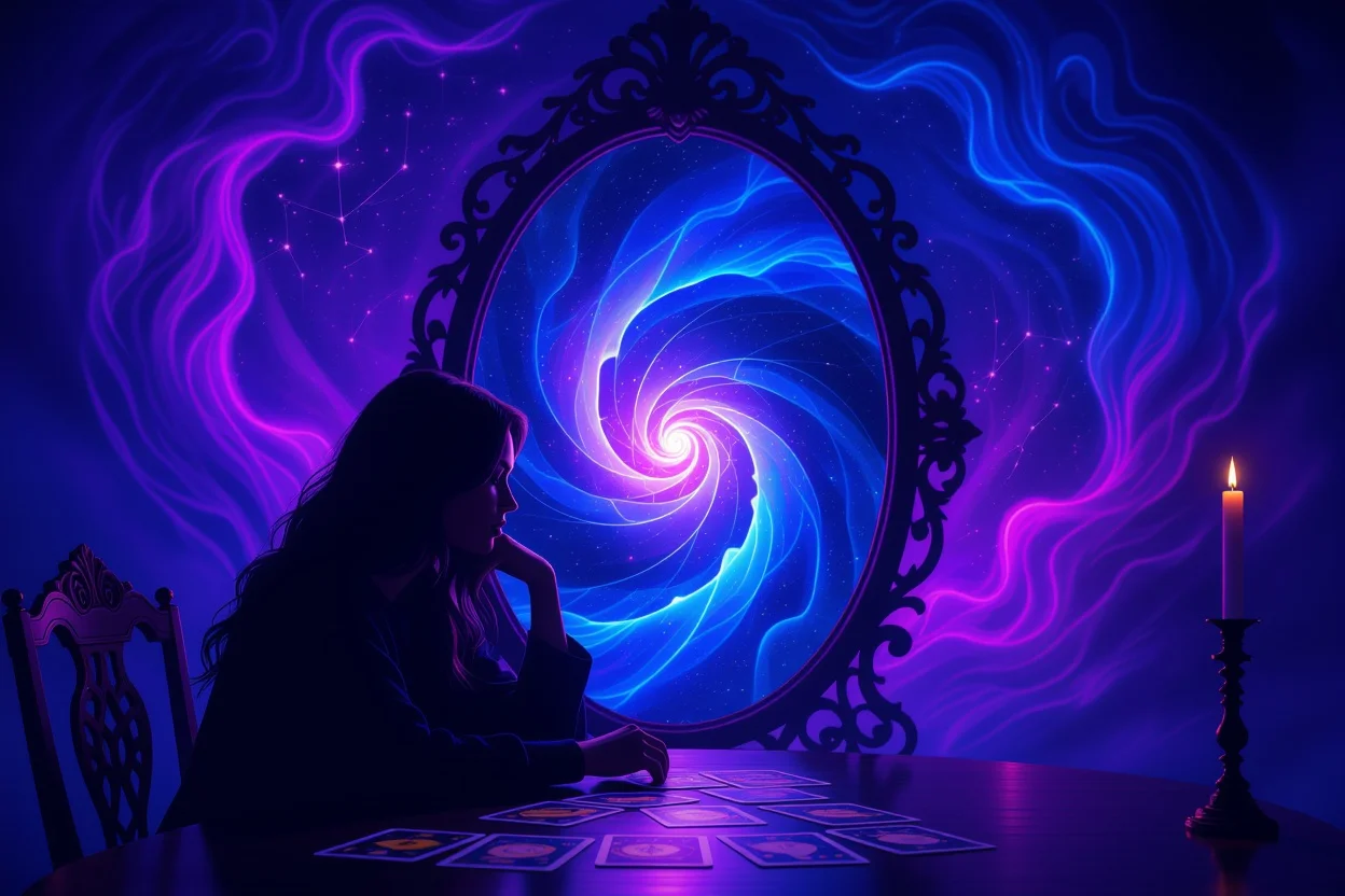 タロット占いで深層心理を読み解く瞑想的なシーンと宇宙的な鏡の反射