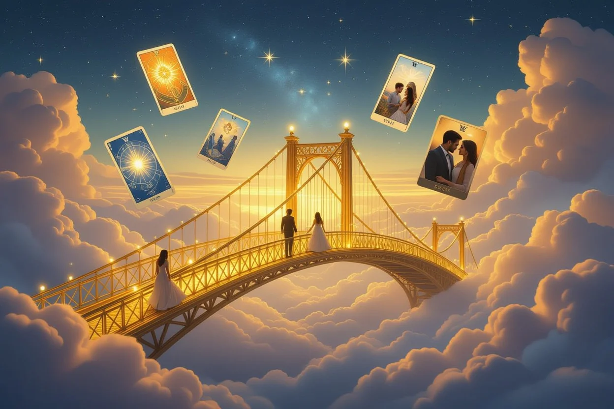 タロットの神秘的な世界と現実的な恋愛関係を繋ぐ黄金の橋の幻想的なイメージ