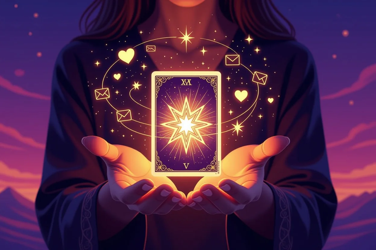 タロットカードから放たれる光が現実的な恋愛行動に変化する変容のイメージ