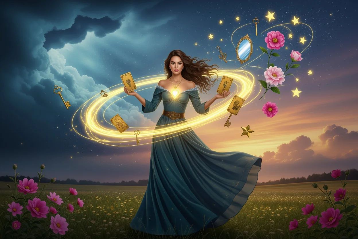 恋愛における主導権を取り戻し自分らしく輝く女性のタロットイメージ