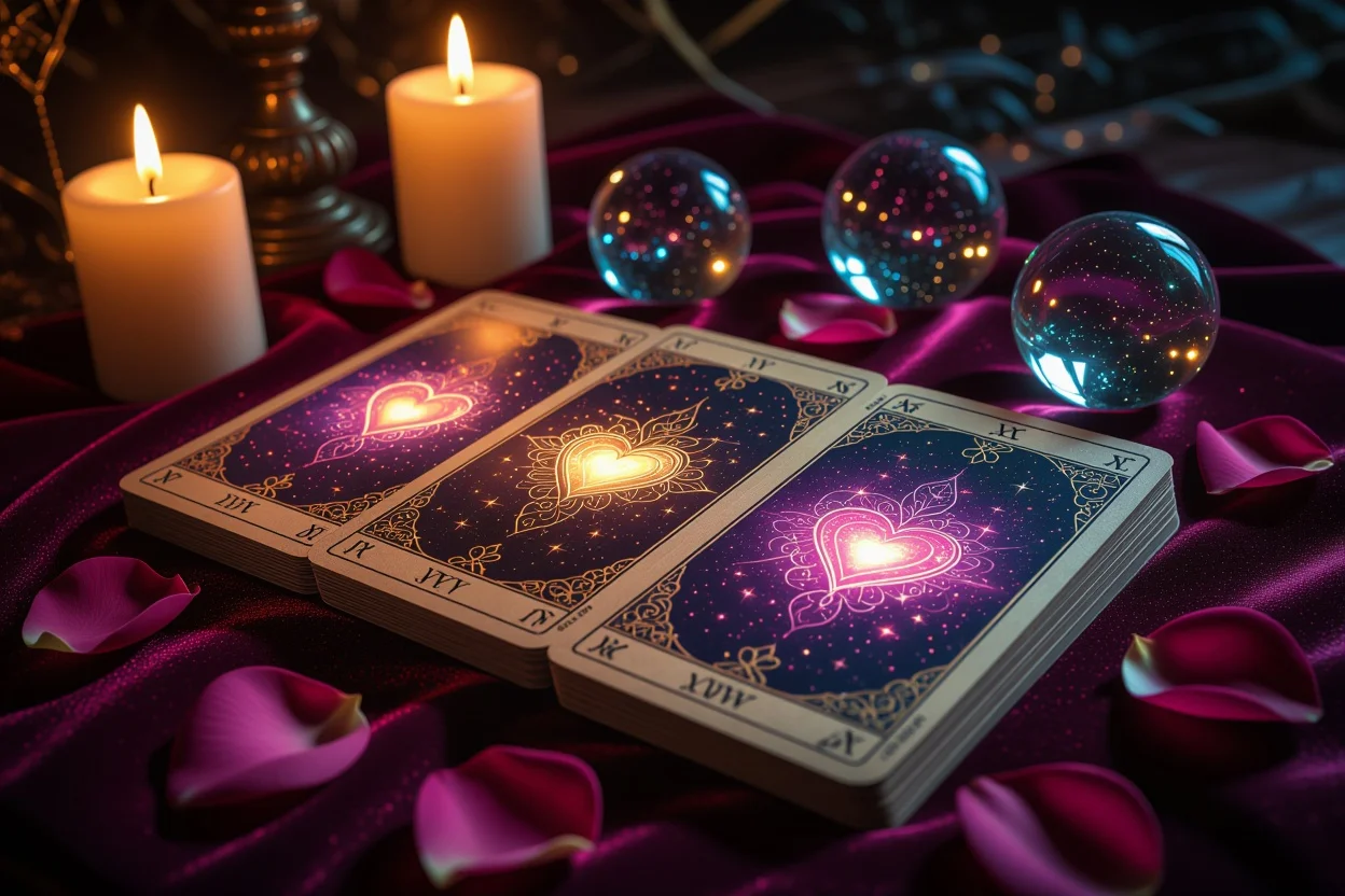 恋愛タロット占いの神秘的なシーン、キャンドルライトとハートのエネルギー