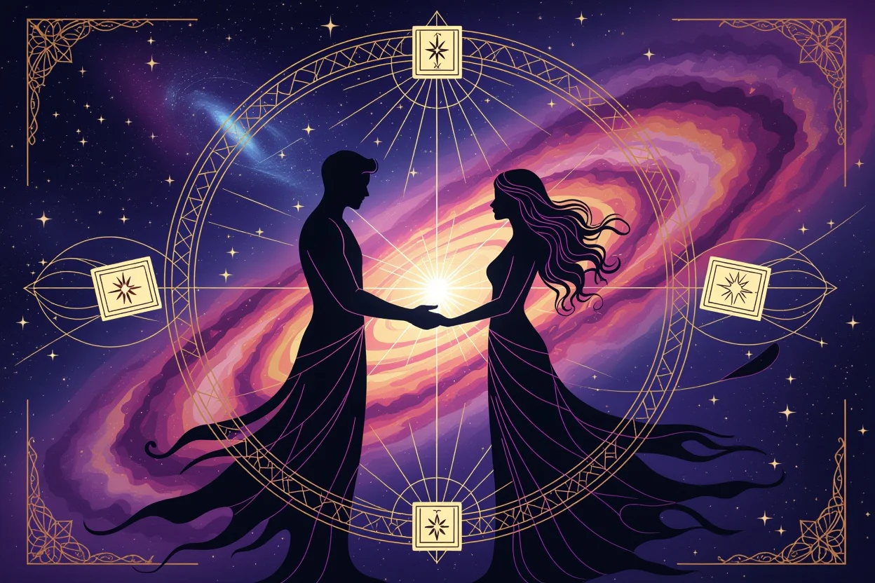宇宙の愛の法則を表現した神秘的なイメージ、タロットカードと星座
