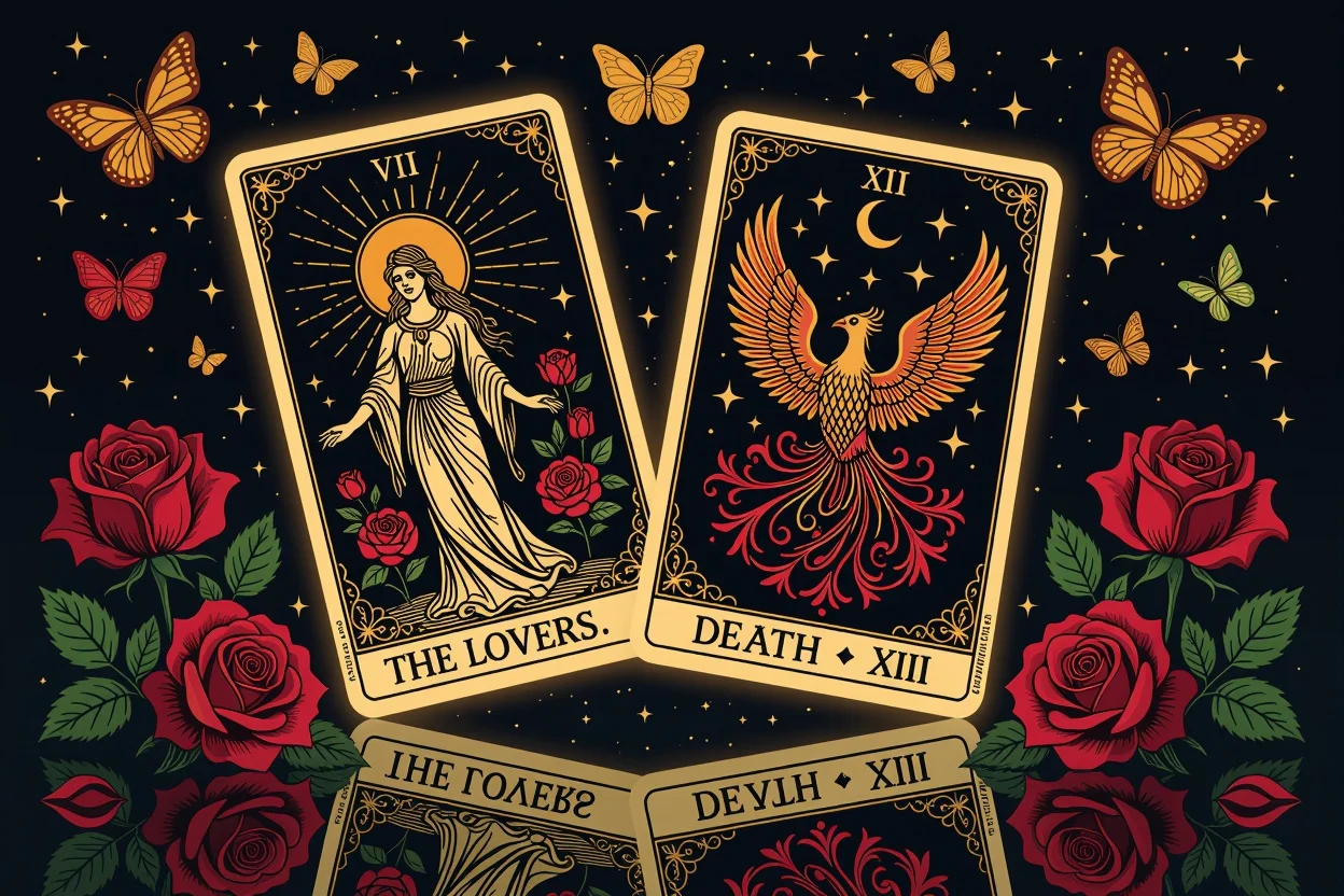 恋人カードと死神カードの変容と新しい愛を象徴するタロットアート