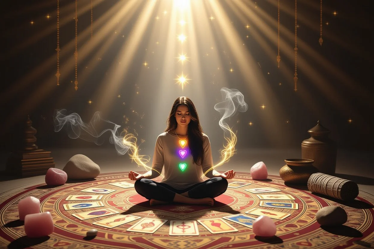 タロットを使った恋愛の内省と魂の成長を表現したスピリチュアルシーン