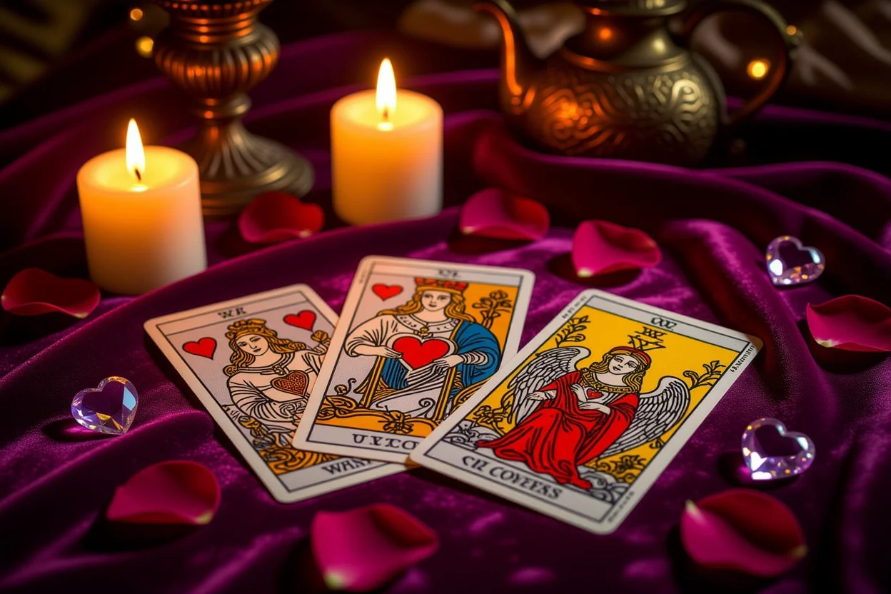 恋愛タロットカードのスプレッド、キャンドルライトとバラの花びらで演出された神秘的な占いシーン
