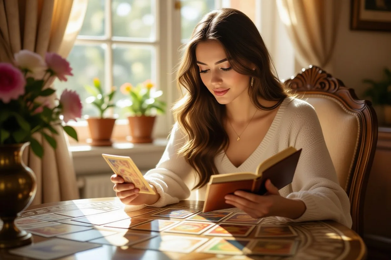 タロットカードで恋愛の悩みを解決しようとする女性、積極的な行動を象徴するイメージ