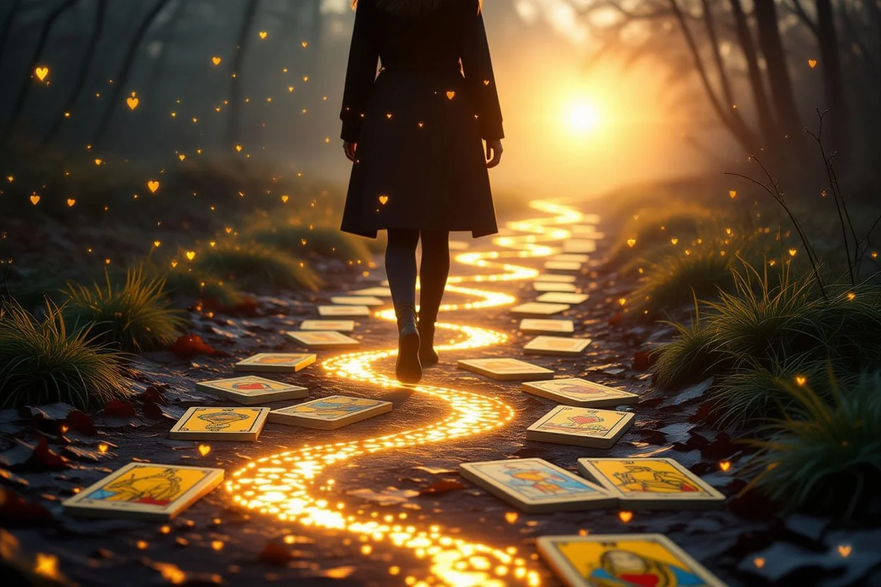 タロットカードから未来への道が現れる幻想的なイメージ、恋愛運命を切り開く行動力を表現