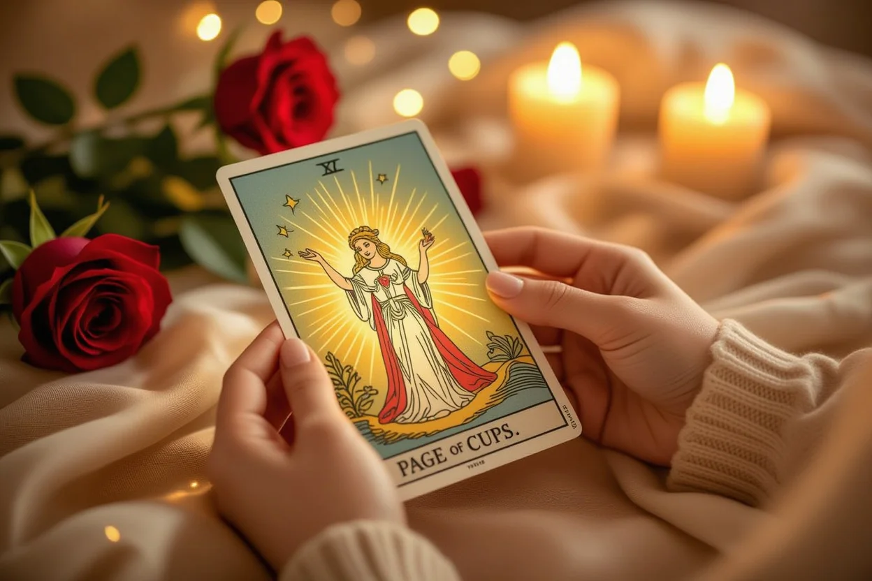 カップのペイジのタロットカード、新しい恋愛の始まりとコミュニケーションを象徴する神秘的な光