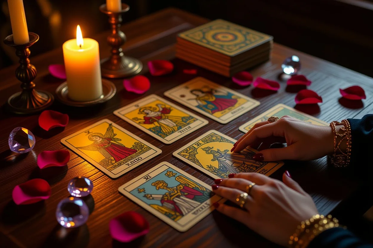 恋愛タロット占いのマイナーアルカナカードが美しく並べられた神秘的なシーン