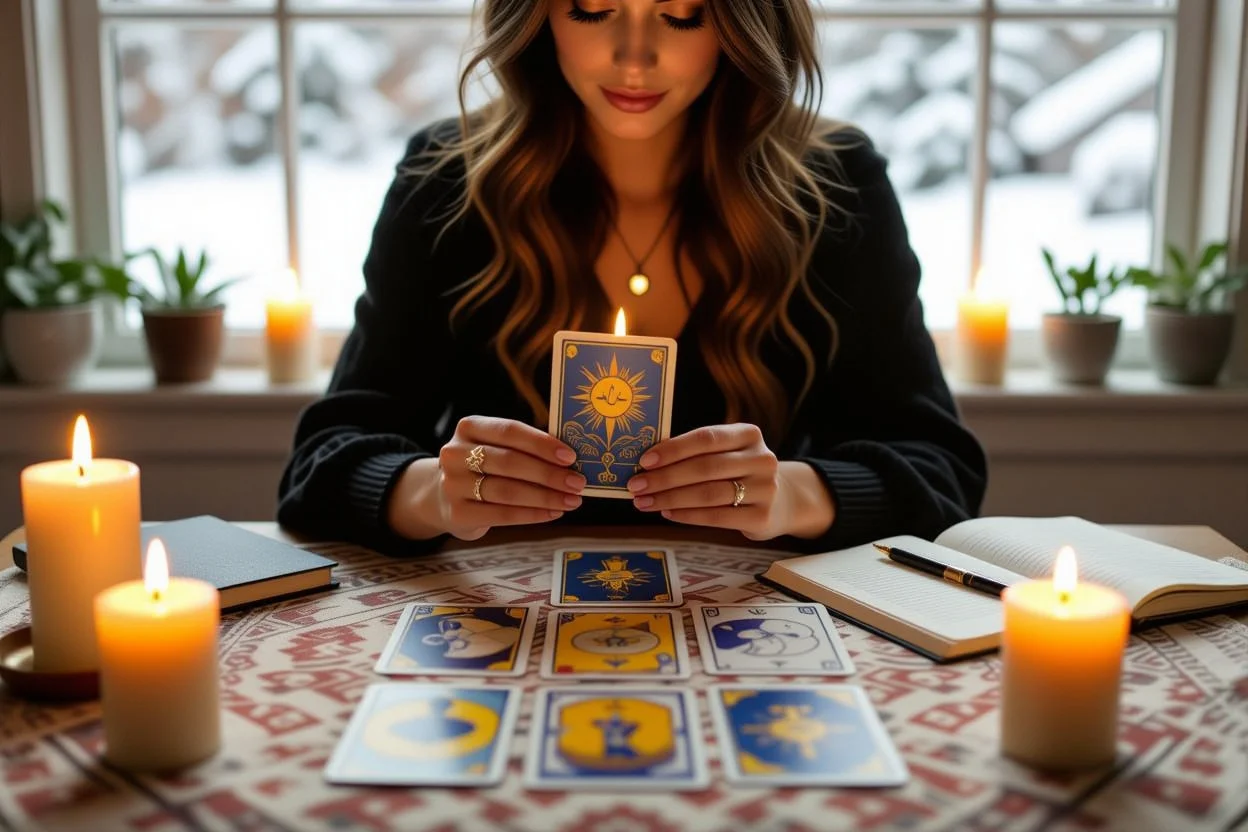 ひとりで恋愛タロット占いを行う女性の内省的で神秘的なシーン