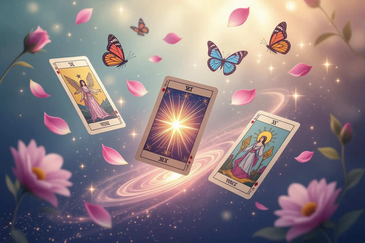 恋愛における魂の成長を象徴する幻想的に舞うタロットカードのアート