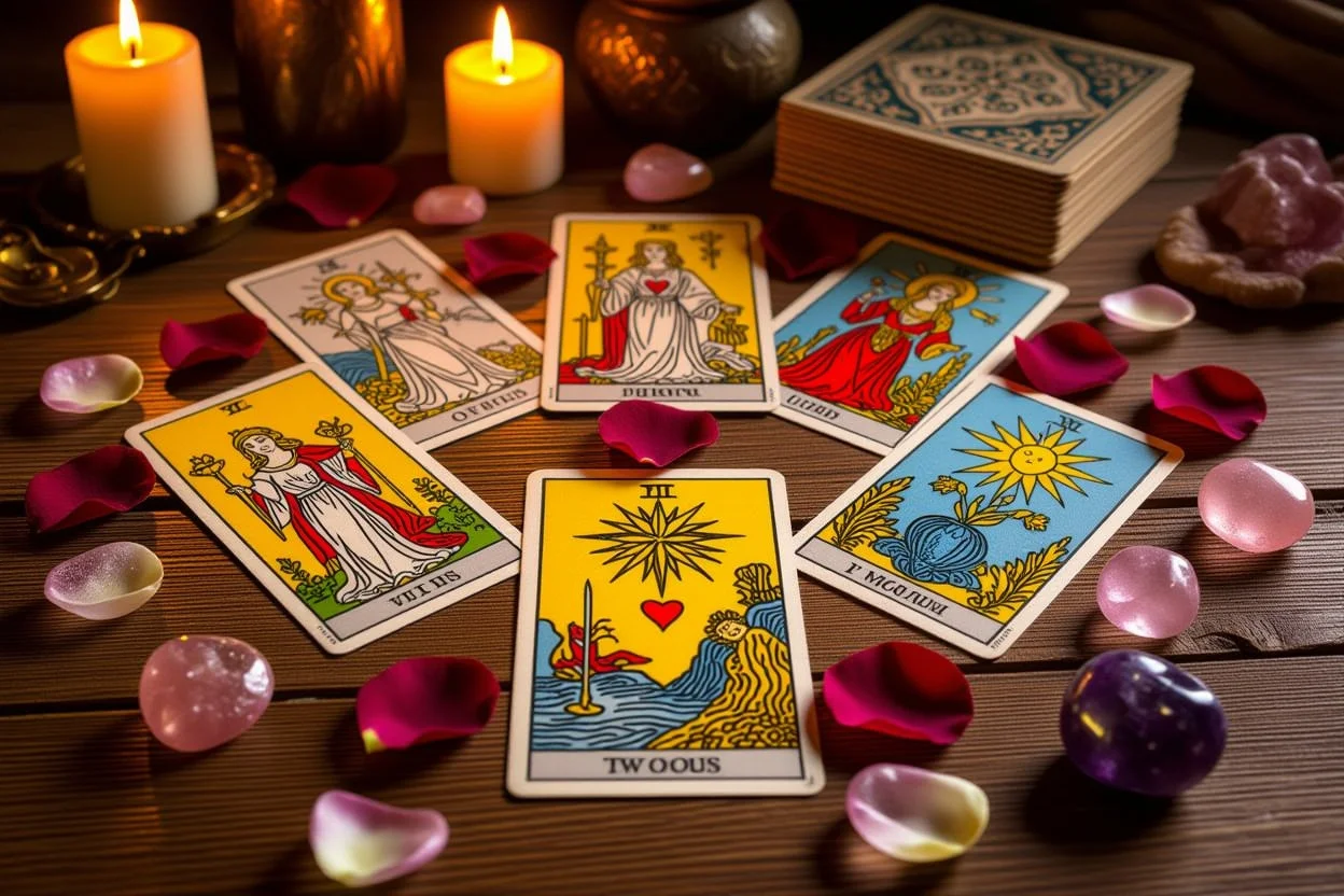 恋愛タロットカードスプレッド、ロマンチックな雰囲気での占い、タロット恋愛占い