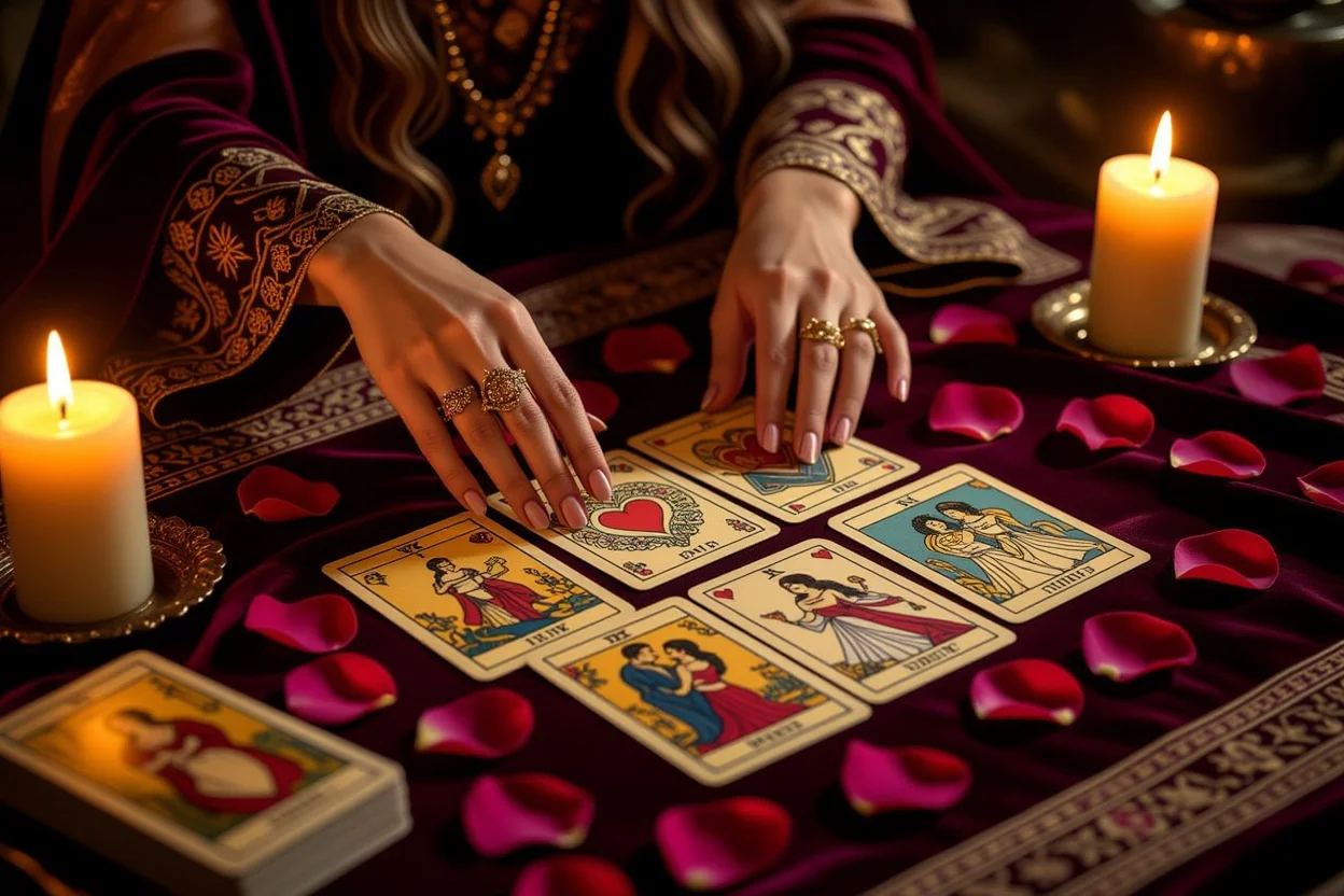 恋愛タロットカードリーディングの神秘的な雰囲気を表現した深層心理読み解きのイメージ