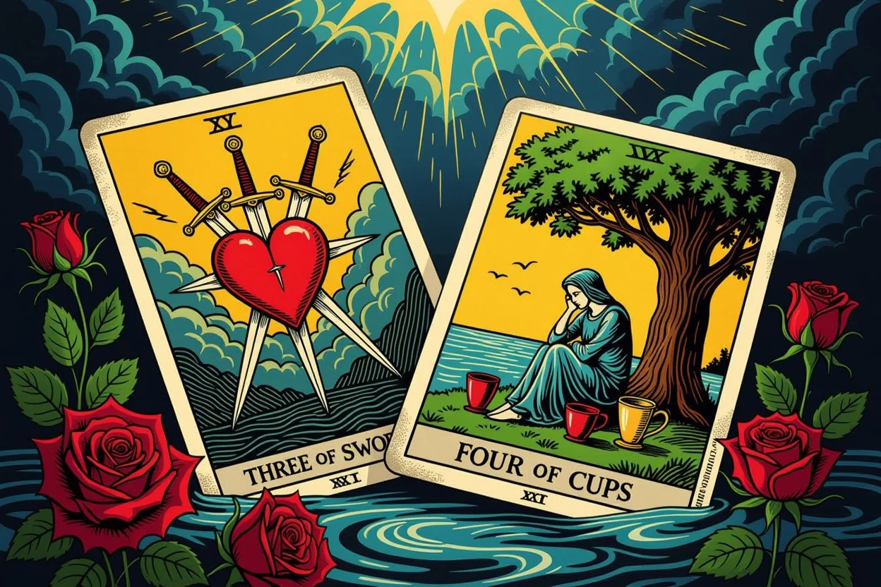 ソードの3とカップの4のタロットカードによる恋愛の心理的課題と感情の複雑さを表現