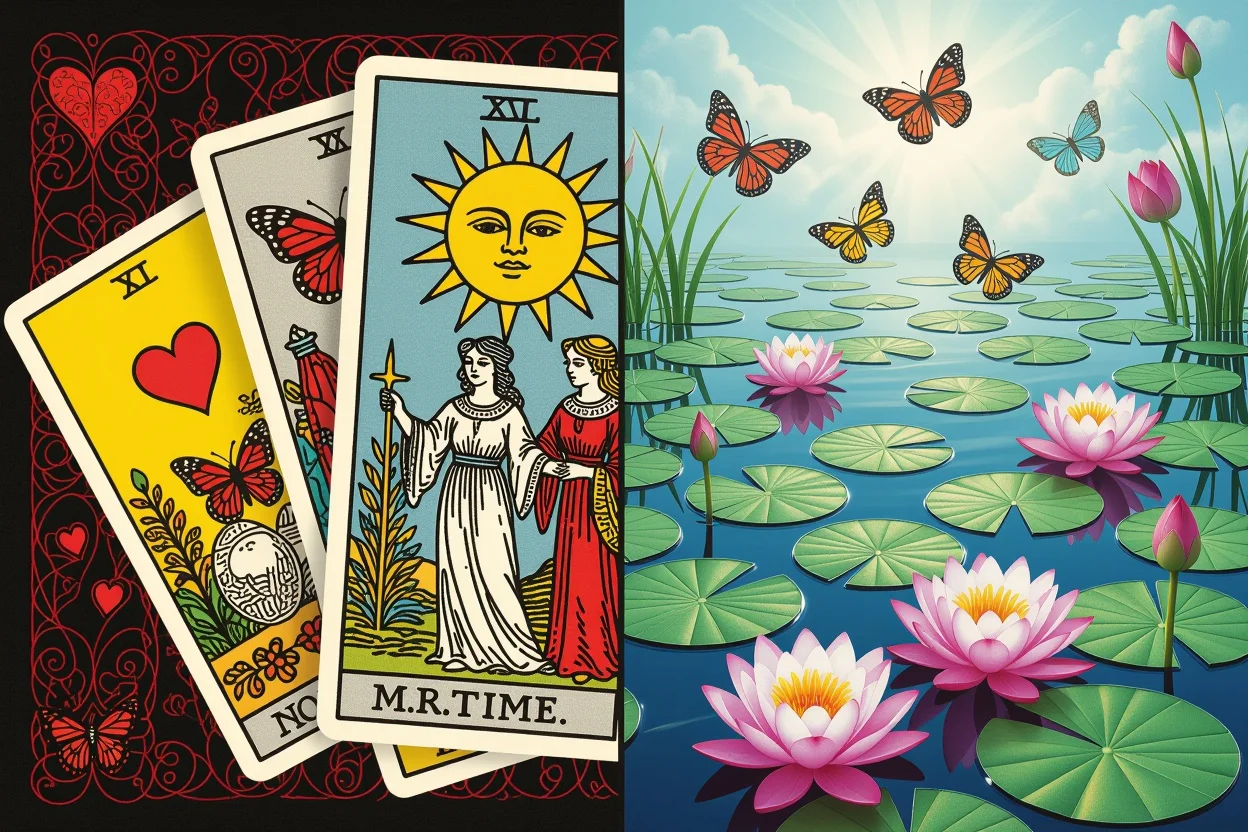 タロットカードの表面的解釈と深層メッセージの対比を表現した恋愛占いイメージ