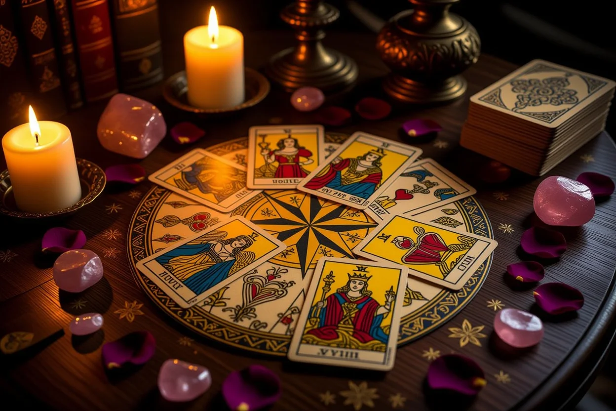 恋愛タロット占いで現在地を確認する羅針盤のようなカード配置