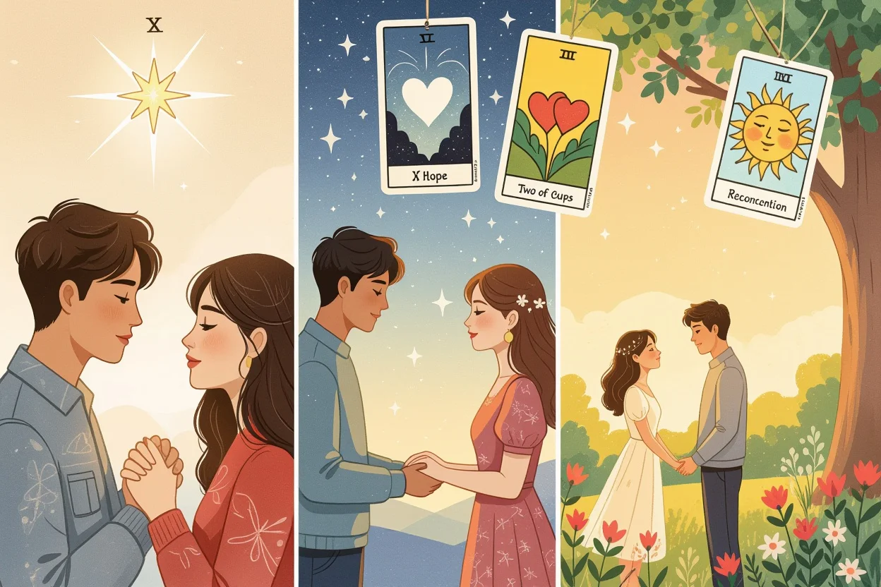 片思い・交際・復縁の3つの恋愛状況を表現したタロットシーン
