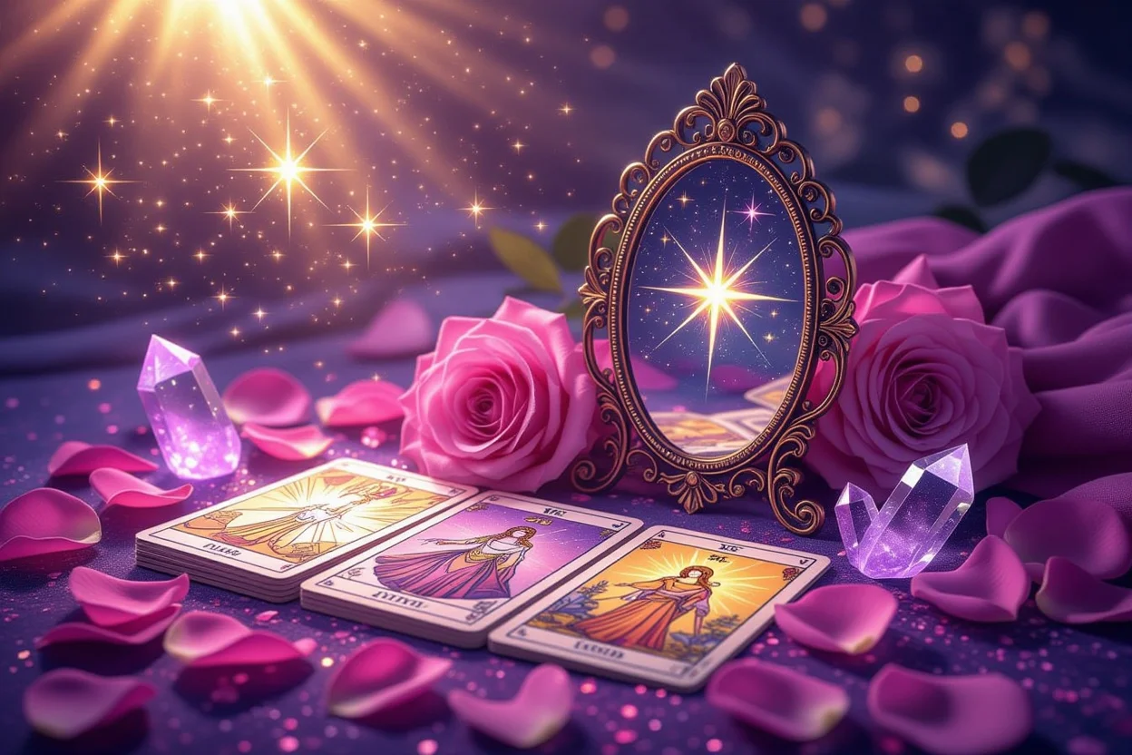 恋愛タロットカードと鏡が神秘的な光に包まれている占いのイメージ