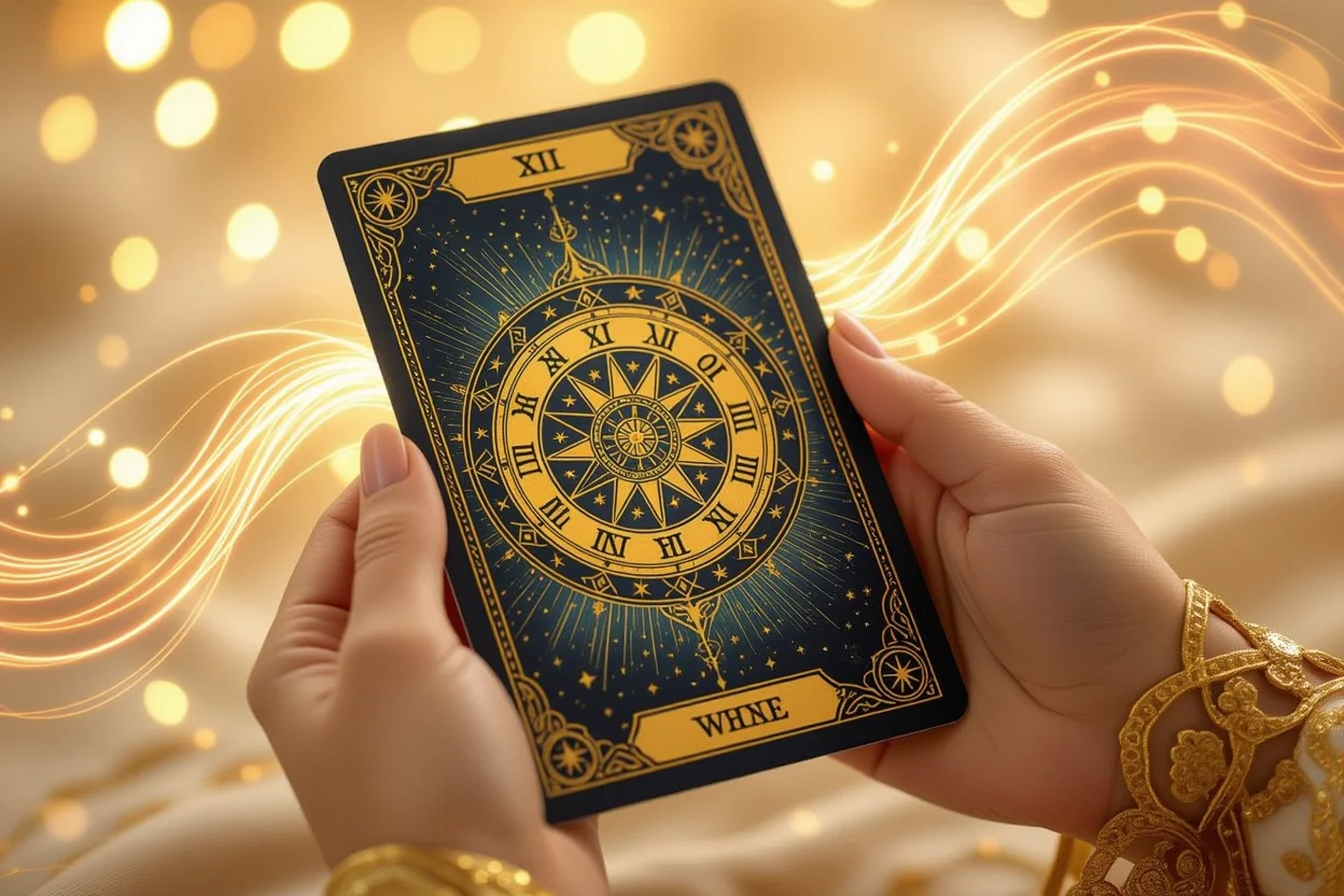 運命の輪のタロットカードを持つ手と神秘的な光のエフェクト