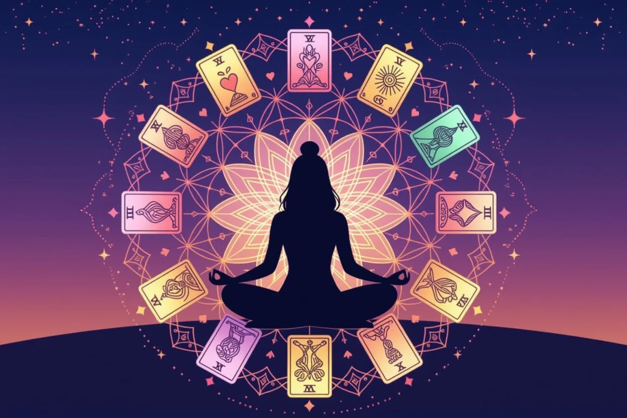 瞑想する人の周りを囲むタロットカードの曼荼羅と星座のパターン