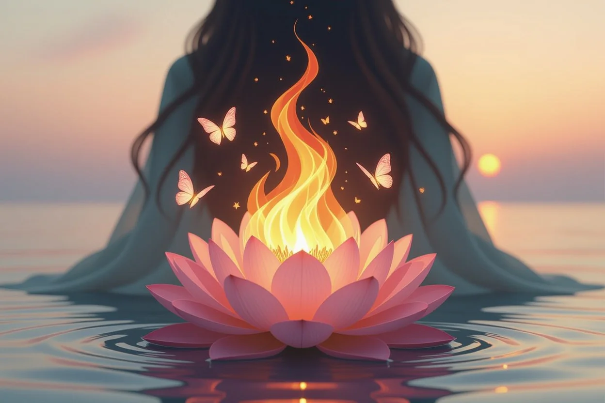 ワンドのクイーンから蓮の花へと変化する変容と成長のタロットアート