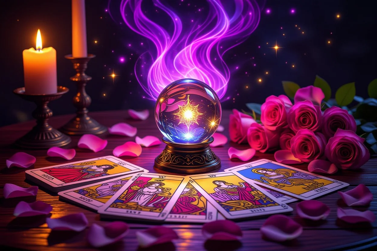 恋愛タロット占いの神秘的なカードリーディング風景