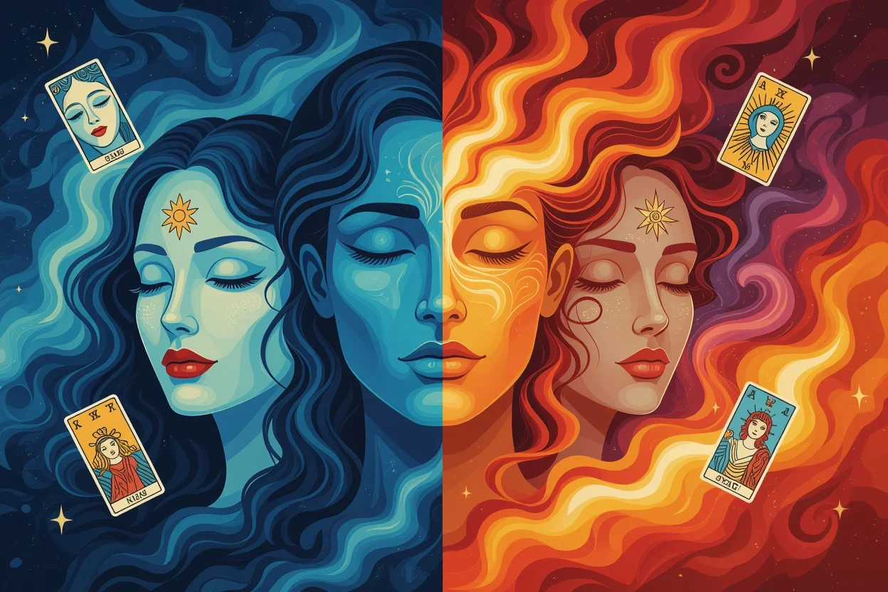 恋愛における表面的な感情と深層心理の対比を表現したタロットアート
