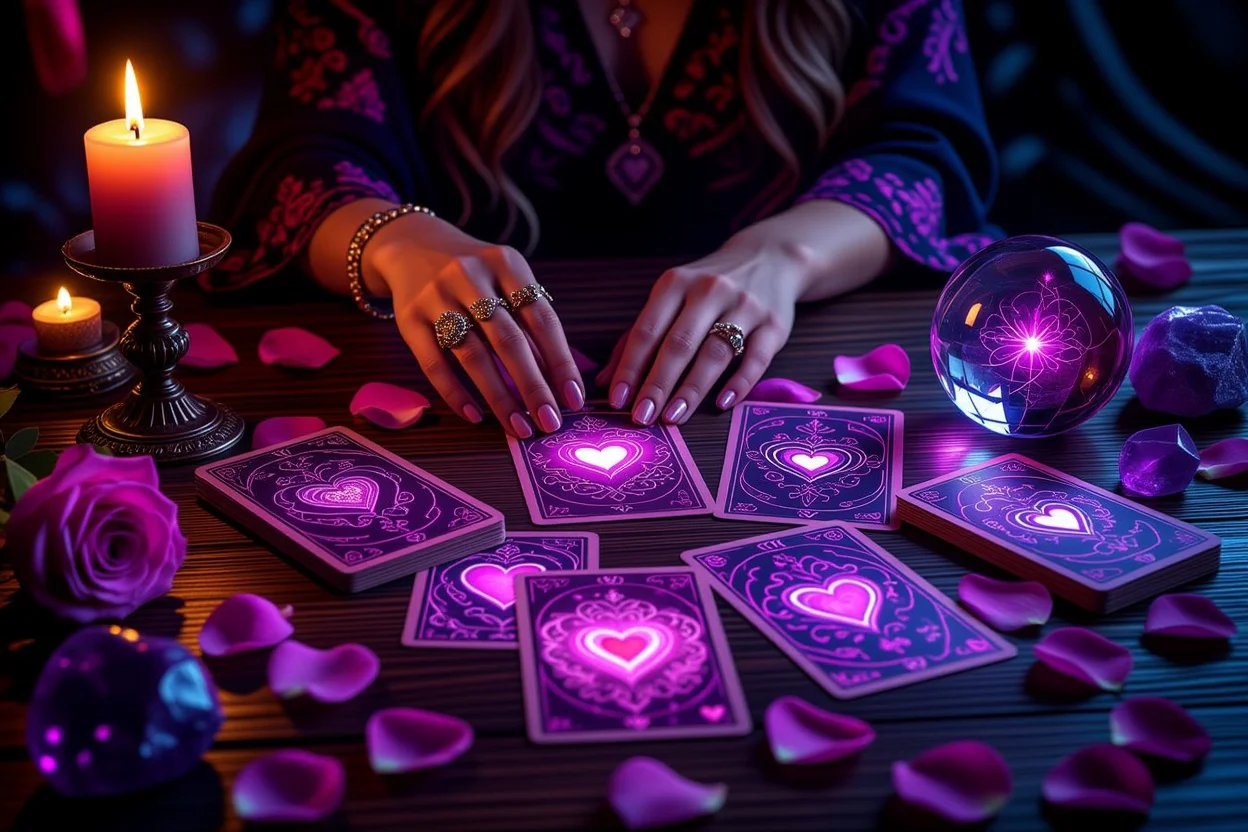 恋愛タロット占いのロマンチックな雰囲気の画像、キャンドルライトとタロットカード