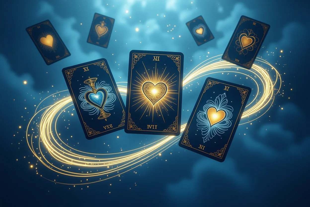 カップスートのタロットカードと感情エネルギーを表現した神秘的な画像