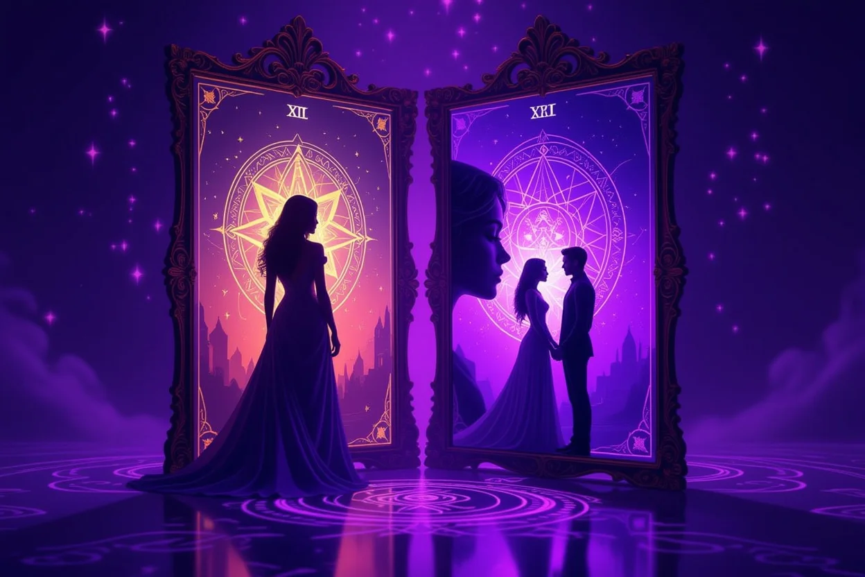 タロットの心理的鏡効果を表現した深層心理と自己発見のイメージ