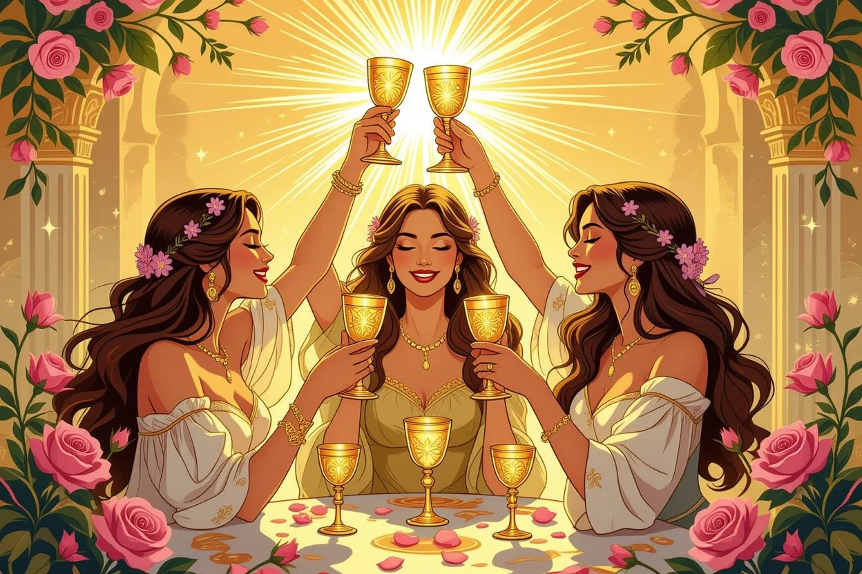カップの3のタロットカード、3人の女性が乾杯する喜びと調和の象徴画像