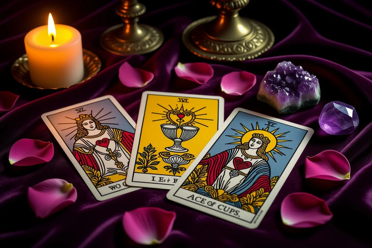 恋愛タロット占いカードの美しい配置、ローソクの光で照らされた神秘的な雰囲気
