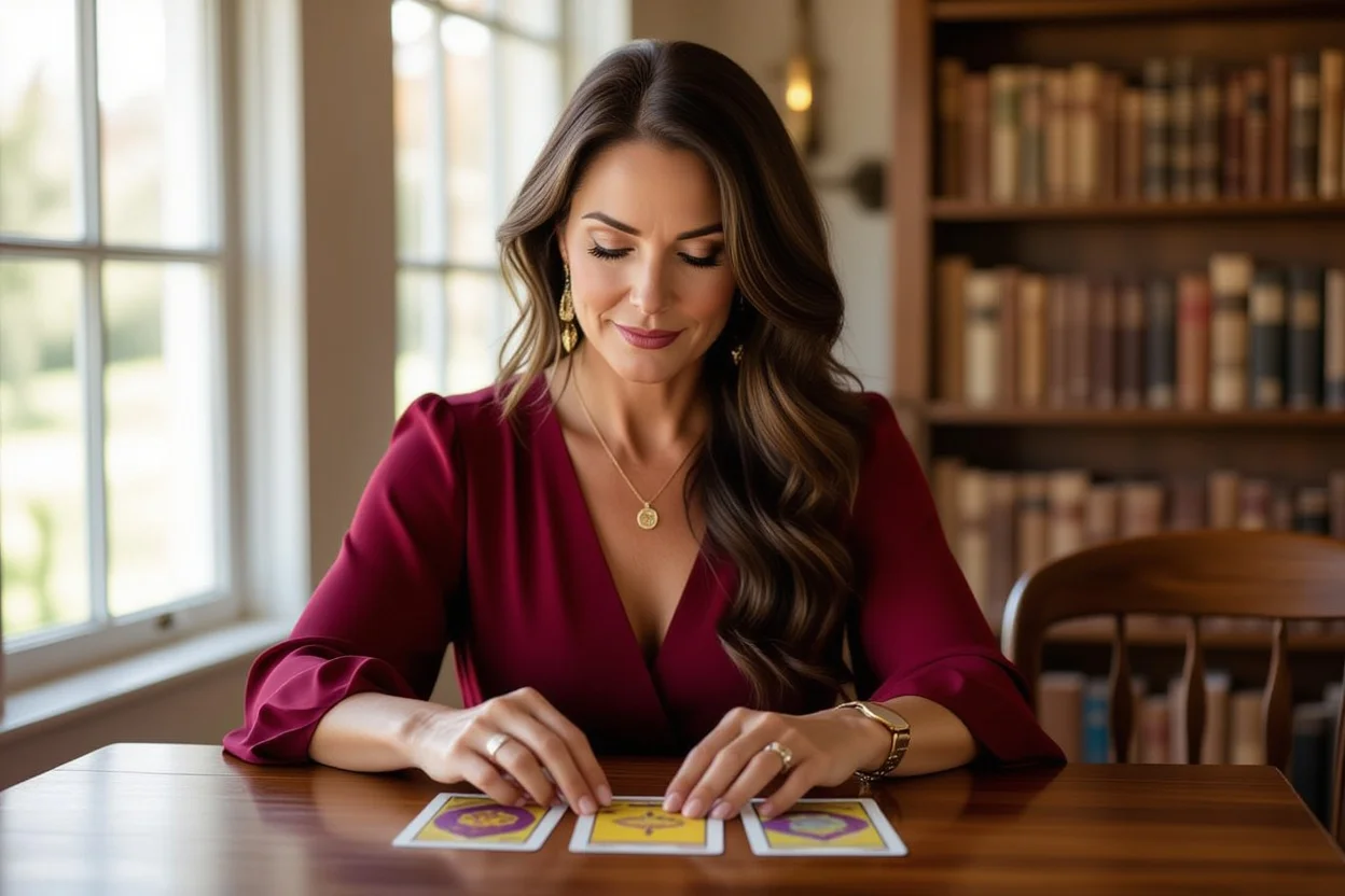 大人の女性が恋愛について真剣にタロット占いをしている現実的なシーン