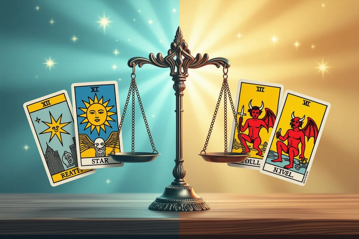 恋愛の理想と現実のバランスを表現したタロットカードの象徴的な配置