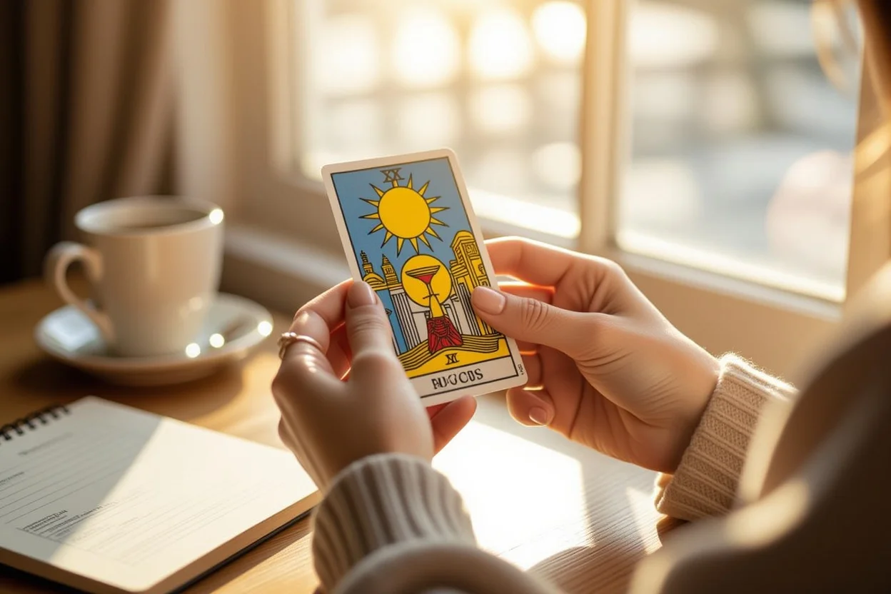 成熟した恋愛関係を象徴するツーオブカップスのタロットカードを持つ手