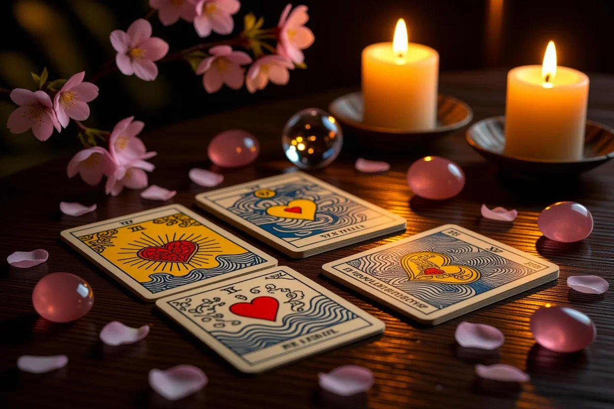 恋愛タロットカードリーディングの神秘的なシーン、カップのスートと隠された感情を読み解く