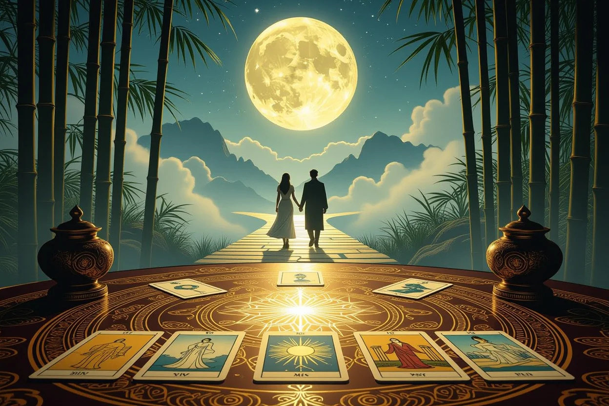 恋愛関係の未来を読み解くタロットリーディング、運命の道筋を示す神秘的なシーン