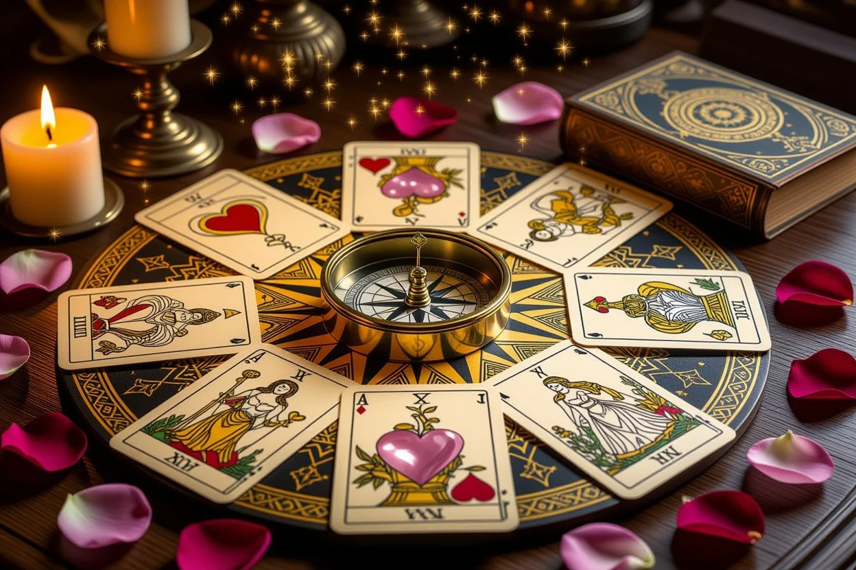 恋愛タロット占いの羅針盤として使うタロットカードと方位磁石の神秘的な画像