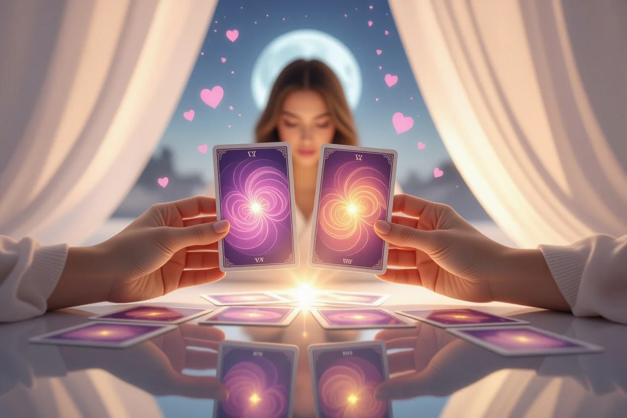 タロットカードを通じて内面と向き合う自己省察の神秘的なイメージ