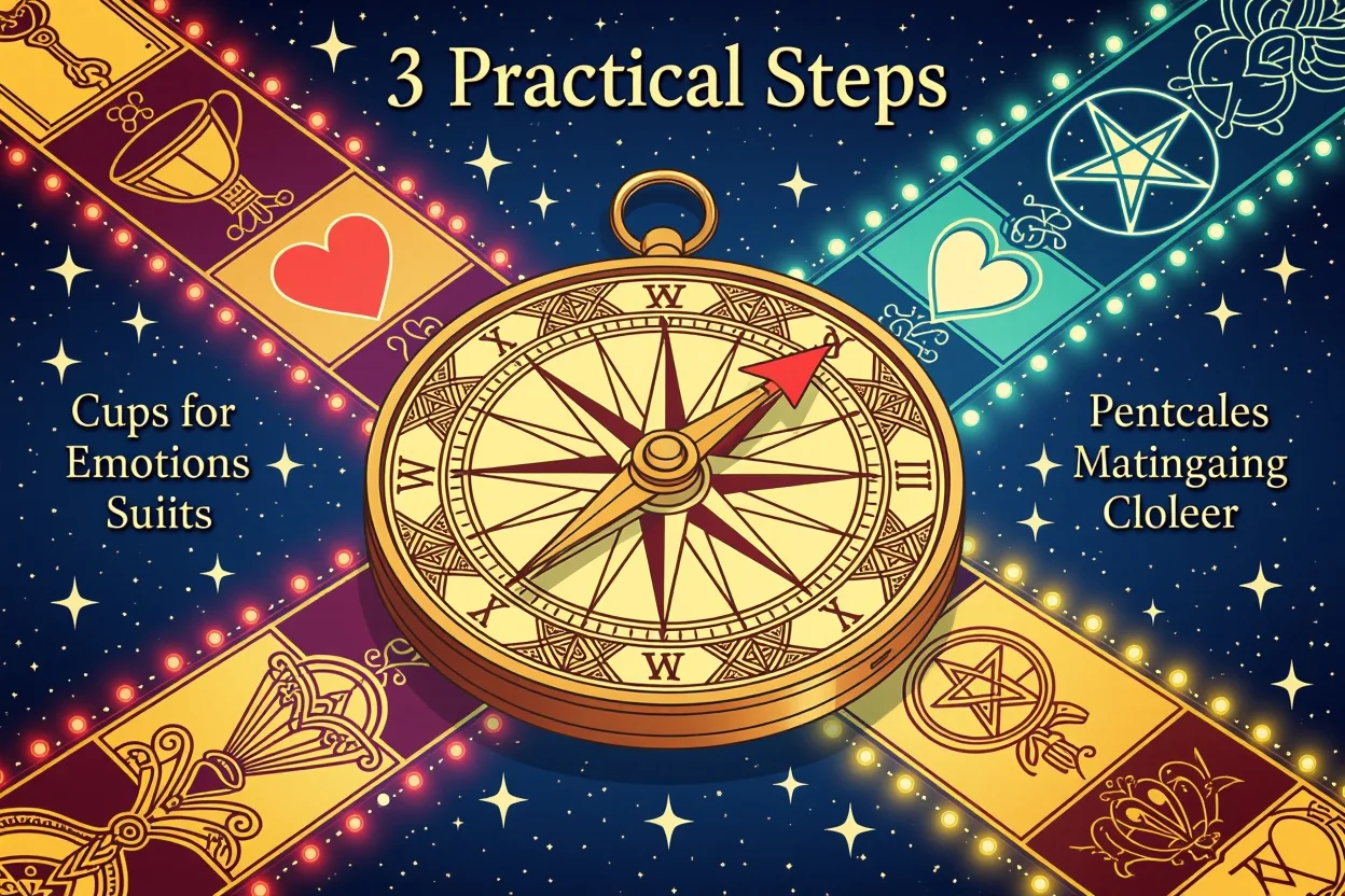 タロット占いによる恋愛の羅針盤と3つのステップを表現した画像