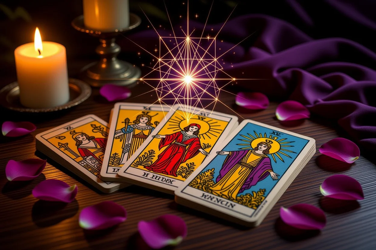 恋愛タロットカードと薔薇の花びらが散らばった神秘的なテーブル