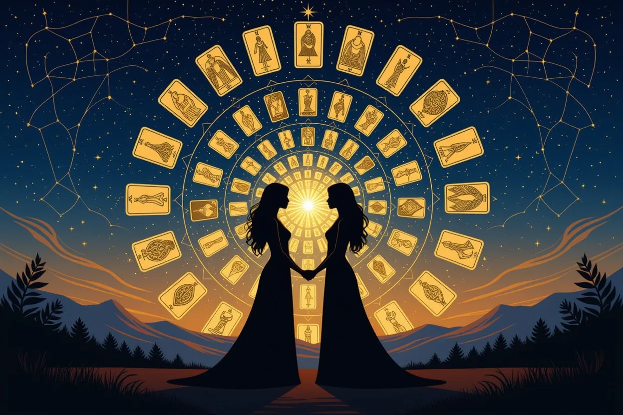 魂で繋がる恋愛関係を表現したタロットカードと二人のシルエット