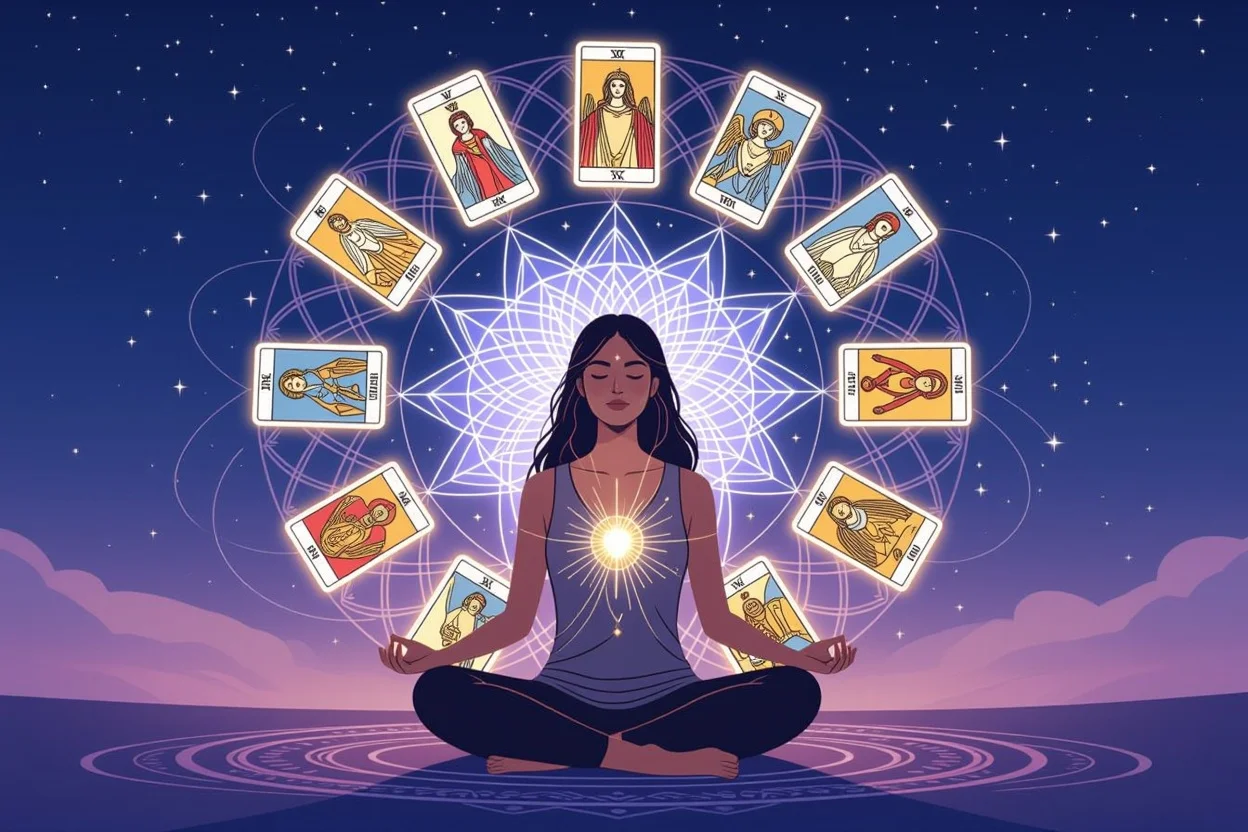 タロットカードに囲まれて瞑想する人物の自己成長イメージ